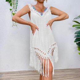 Crochet Bikini Cover Up With Fringe Trim Women Sexy Sleeveless Tunic Beach Dress 2024 Swimsuit Summer Bathing Suit Beachwear