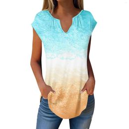Women's T Shirts Summer Cap Sleeve For Women Trendy Loose Casual Print V Neck Pleated Tunic Tank Top Fashion Blouse Shirt