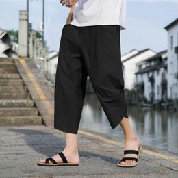 Men's Pants Men Cropped Drawstring Straight Leg Pocket Ethnic Style Casual Calf-Length Trousers Retro Streetwear Summer