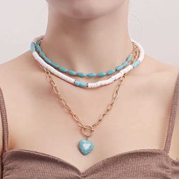 Pendant Necklaces Turquoise 3-layer Necklace Set Womens Ocean Style Heart shaped Pendant Bohemian Polymer Clay Necklace Accessories Gift J240516