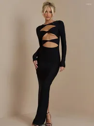 Casual Dresses YUZHEXI Long Sleeve Women Fashion Cutout Maxi Dress Evening Party Bodycon Back Split Sexy Black Robe