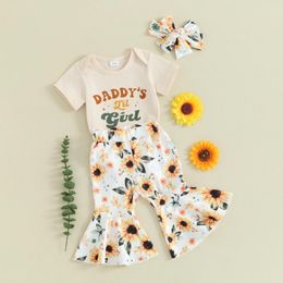 Clothing Sets FOCUSNORM 0-18M Infant Baby Girls Clothes 3pcs Outfits Letter Print Short Sleeve Romper With Sunflower Flare Pants Heaband
