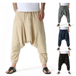 Men Cotton and Linen Pants Harem Pants Baggy Casual Oversize Loose Joggers Wide Leg Pants Yoga Drop Crotch Trousers Hip Hop 240518