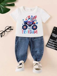 Clothing Sets Summer new boys and girls short sleeved white T-shirt with round neck zipper and denim pants set J240518