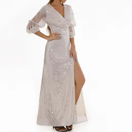 Casual Dresses Sequined Sexy Dress For Women Elegant Evening V Neck Retro Long Shiny Slit Party Ladies 2024 Robe Mujer Vestido