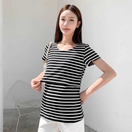 Maternity Tops Tees 2023 New Fashion Postpartum Woman Breastfeeding Tops Tees Short Sleeve O-neck Brief Nursing Clothes Maternity Lactation T-shirt Y240518