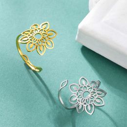 Filigree Yoga Lotus Flower Stainless Steel Women Open Adjustable Vintage Finger Ring Buddhism Bohemian Jewellery Gifts