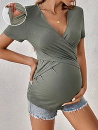 Maternity Tops Tees Pregnant womens three-dimensional wrapped cross T-shirt casual bottom shirt short sleeved top Y240518