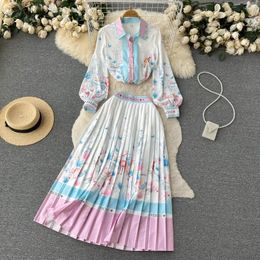 Casual Dresses Autumn Ethnic Style Suit Women's High-end Printing Lapel Long-sleeved Shirt Pleated Skirt Two-piece Tide