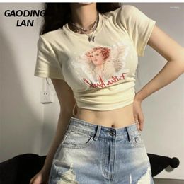 Women's T Shirts GAODINGLAN Summer Sweet Print Short Sleeve Women Crop Tops Drawstring Slim High Waist Cotton Tees Y2k Tight Sexy Ladies