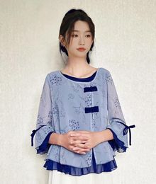 Women's Polos Retro Fashion Loose Lotus Leaf Bell Sleeve Top Chinese Chiffon Shirt Summer