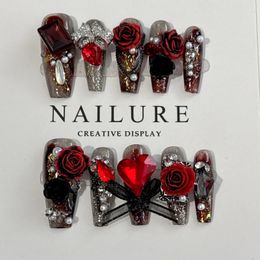 Black and Red Rose Nourishing Light Luxury Heavy Industry Full Diamond Bow Nail Patch Finished Product 240518