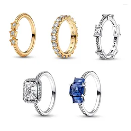 Cluster Rings High-Quality 925 Sterling Silver Pan Blue Rectangular Three Stone Sparkling Ring Row Eternity Fit Women