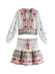 Work Dresses Fitshinling Embroidery Shirt Skirt Two Pieces Matching Sets Fashion Vintage Outfits For Women Bohemian Slim Suit Female