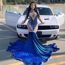 2024 Royal Blue Prom Dresses for Special Occasions Illusion Mermaid Promdress for Black Girls Velvet Beading Lace Tassel Birthday Dress Second Reception Gown AM956