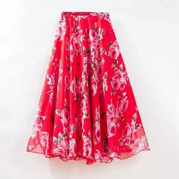 Skirts Women's Elastic Waist Floral Chiffon Long Skirt A-line Retro Printed Summer Pleated Beach Maxi