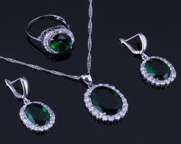 Charming Oval Egg Green Cubic Zirconia White CZ 925 Sterling Silver Jewellery Sets For Women Earrings Pendant Chain Ring V02859393914