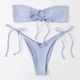 Women's Swimwear Padded Bra High Waist Briefs Set Stylish Bikini Sets Lace-up Bandeau Top With Vintage Micro For A