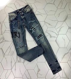 HM 330 blue High quality Mens jeans Distressed Motorcycle biker jean Rock Skinny Slim Ripped hole stripe Fashionable snake embroid9201378