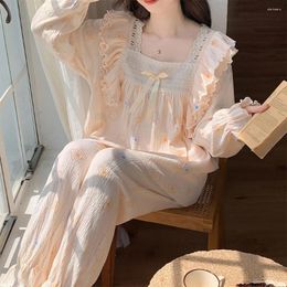 Women's Sleepwear Lace Square Collar Printed Pyjama Sets Spring Fall Long Sleeve Pants Ladies Home 2Pcs Casual Cotton Nightgown