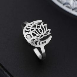 Buddhism Lotus Flower Rings Stainless Steel Gold Color Crescent Moon Open Finger Ring Women Vintage Amulet Jewelry Gifts