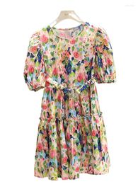 Party Dresses Summer Cotton O-Neck Feminine Vintage Floral Print Skirts Puff Sleeve Design Sense Lotus Leaf Edge Mid-Calf Belt Vestidos