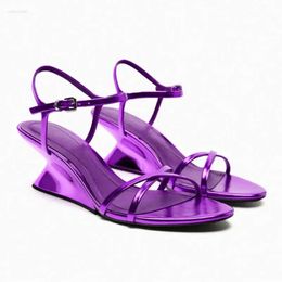 Wedges Heels High Metallic Sliver Sandals Bling for Women Narrow Band Buckle Strap Sexy Brand Shoes Open Toe Sum 890