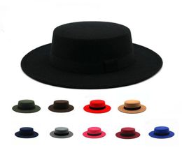 Wide Brim Hats Mens Women Jazz Hat Spring Autumn Wool Boater Ribbon Flat Top Felt Fedora Cap Classic Bowler Gambler Caps5590953