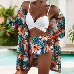 Women's Swimwear Summer Beachwear Set Floral Print Bikini With High Waist Briefs Cross Sling Bra Beach Cardigan For Biquini