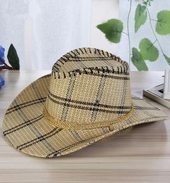 Men Plaid Straw Cowboy Hat With Rope Women Wild Brim Western Cap Chin Strap Cowgirl Sun Hats Summer Unisex Caps UV Protection4827686