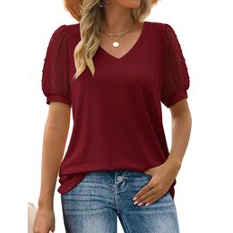 Patchwork New Loose V Neck Solid Colour Summer Lace Top Short Sleeved Women S T Shirt hirt