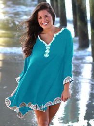 Lake Blue Women's V-neck Embroidered Bat Sleeve Stylish Oversized Bohemian House Dress Caftan Robe Light Jacket Q668