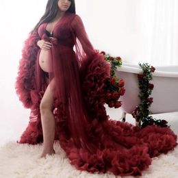 2021 Sexy Burgundy Bridal Fluffy Tulle Robes Custom Made Maternity Tulle Dressing Gown For Photo Shoot Women Long Sheer Tulle Dress 249B