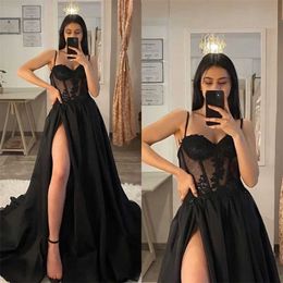 Runway Dresses Shiny Tulle Evening Dress 2024 Sexy Black V-Neck StrapLlace Applique Party Dress A-line High Side Slit Formal Occasion Prom Gown T240518