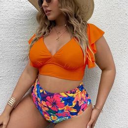 Solid Printed Beach Swimsuit High Waist Plus Size Bikini Set Women Split Swimwears Sporty Female Fashion Party Spring Summer 240518