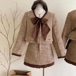 Work Dresses 2024 Autumn Winter Vintage Tweed Two Piece Set Women Short Jacket Coat Skirt Suits Korean 2 Sets Outfit Clothing