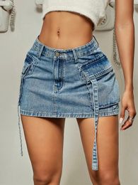 2023 Trendy Street Tooling Style Flap Pocket Ribbon Details Slim Workwear Denim Mini Skirt High Clothing 240515