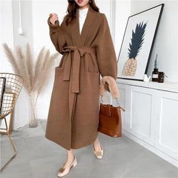 Women's Polos Lace Up Thickened Large Sweater Cardigan Jacket Long Cashmere Knit Lazy Style