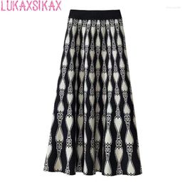 Skirts LUKAXSIKAX Autumn Winter Women High Waist Slim Long Skirt Quality Elegant Love Pattern Letter Knitted