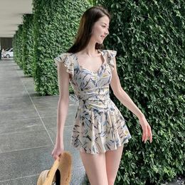Fashion One-Piece Swimsuit Women Korean Conservative Dress Style Slimming High Waisted Swimwear Beach Holiday Bathing Suit