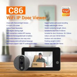 C86 1080P Smart Digital Door Viewer WIFI Doorbell 4.3 Inch Screen Wide Angle PIR with Night Vision Chime Filming Sound Video