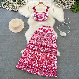 Summer Runway Holiday Red Blue and White Porcelain Print Two Piece Set Women Spaghetti Strap Short Tops Maxi Skirts Set Suit 240518