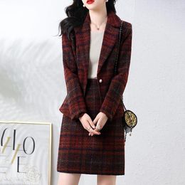 Work Dresses Fashion Casual Woollen Suits Skirt Women 2024 Fall Winter Blazer Jacket Elegant Loose Plaid Wool Two-Piece Suit