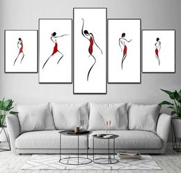 Canvas Prints Paintings Wall Art Home Decor 5 Pieces BlackWhiteRed Abstract Dancing Women Painting Minimalist Poster for bedroom3761130