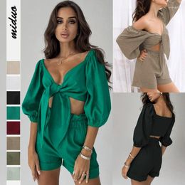 Women's Shorts Sexy V-Neck Cardigan Sleeve Fashion Bow Short Blouse Solid Crop Tops With Pocket