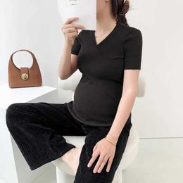 Maternity Tops Tees Short Sleeve Cross V-Neck Maternity Nursing T-shirts Solid Color Postpartum Woman Breastfeeding Tees Stretched Lactation Clothes Y240518