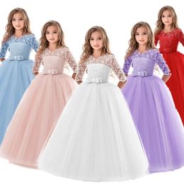 Lace Princess Dress for Girls 6-14 Yrs Long Sleeve Wedding Party Gown Birthday Children Tulle Dress Teenage Formal Long Dress 240514