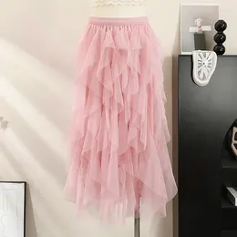 Skirts Tutu Tulle Skirt Women Fashion Korean Cute Pink High Waist Pleated Long Maxi Mesh Female Lady Aesthetic Faldas