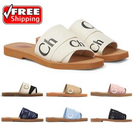 Free Shipping sandals designer woody sandals for women men mules flat clogs slides light tan beige white black lace lettering fabric canvas slippers summer shoes