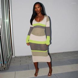 Casual Dresses Colour Block Patchwork Knitted Rib Long Dress For Women Sexy V Neck Sleeve Bodycon Lounge Wear Fall Winter Robe